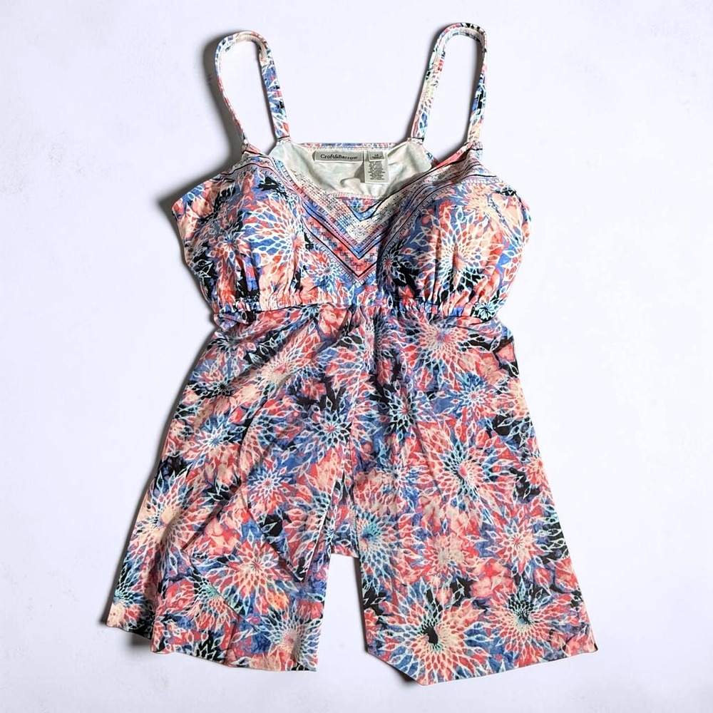 Croft & Barrow Womens Pink Blue Floral Flyaway Tankini Swim Top Size 14 - Picture 2 of 10